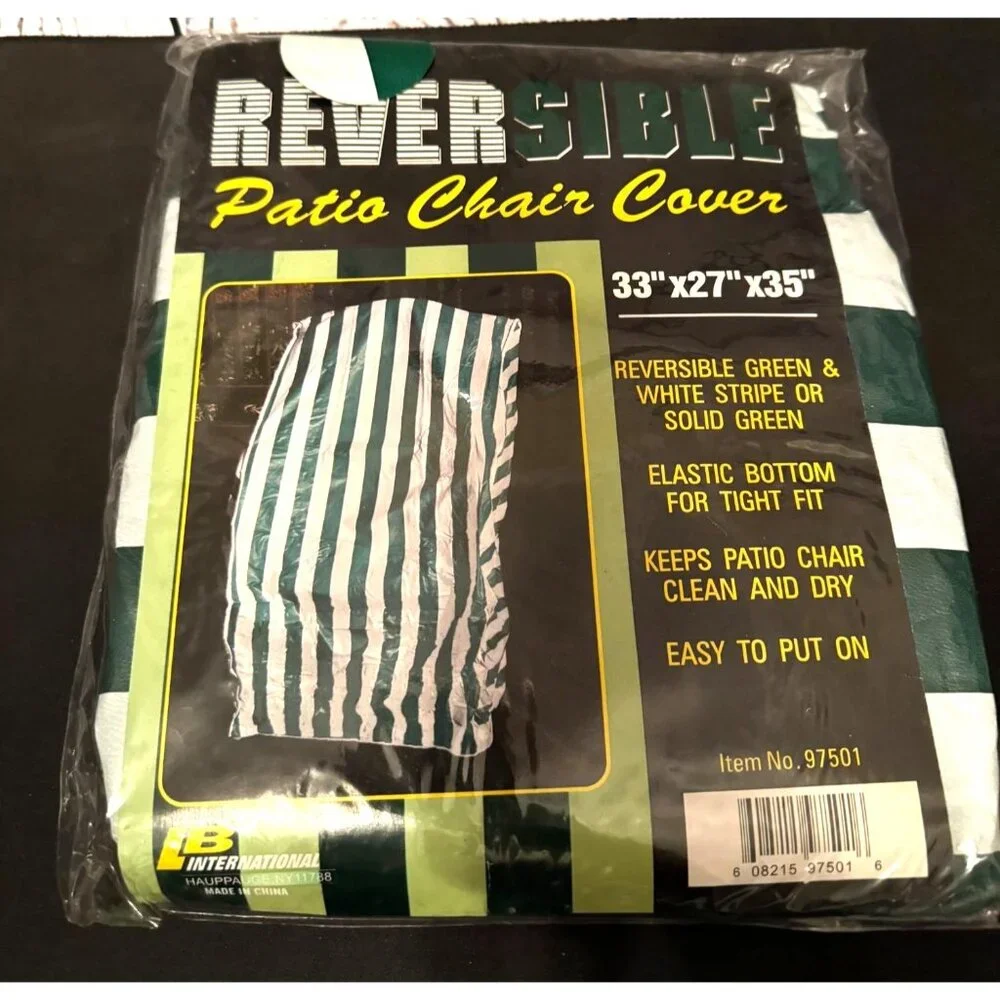 LB International Reversible Vinyl Patio Chair Cover White Green Striped 33